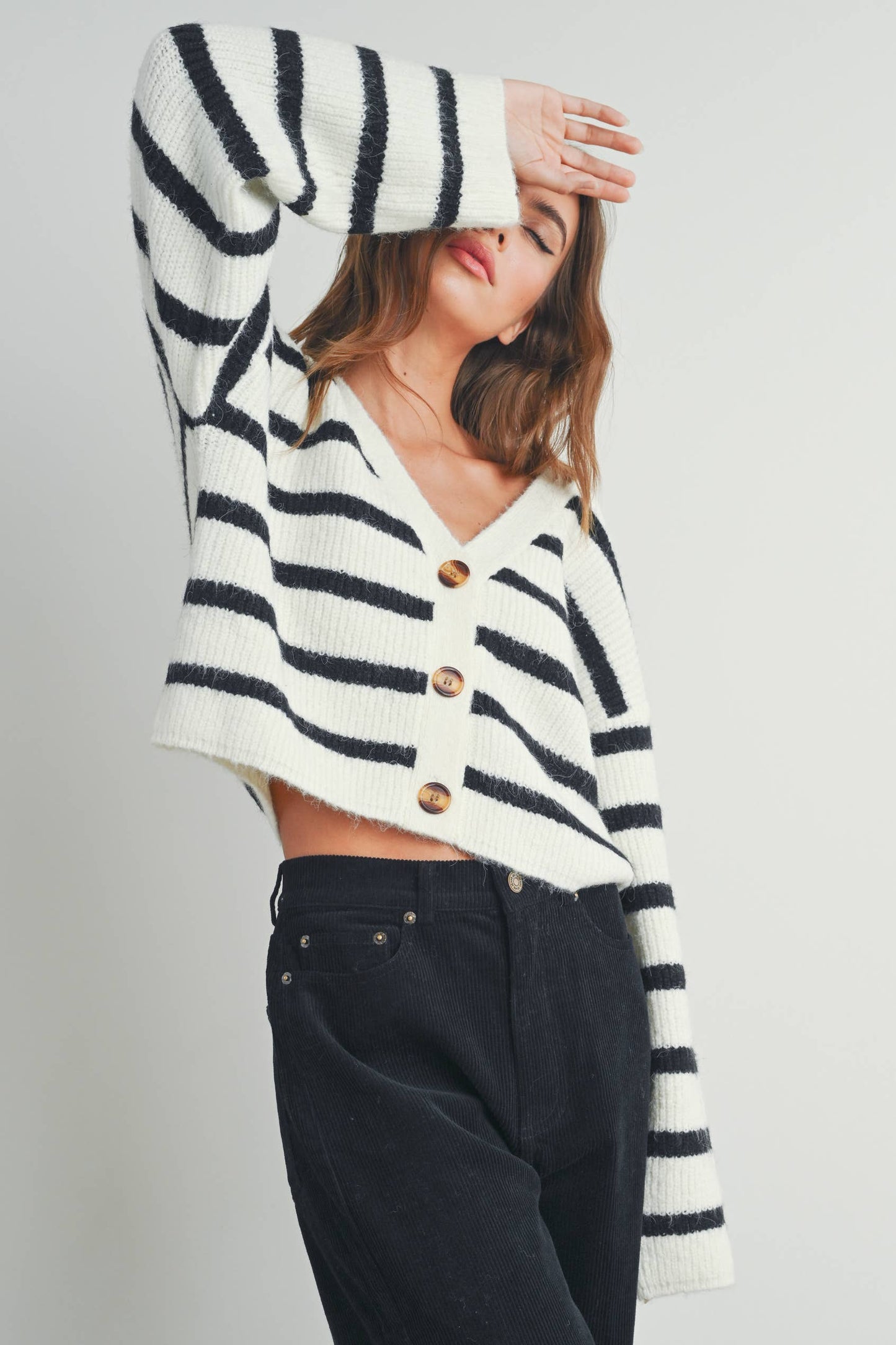 Buttermelon: Blue/mocha STRIPE COLOR BLOCK CROP FALL CARDIGAN