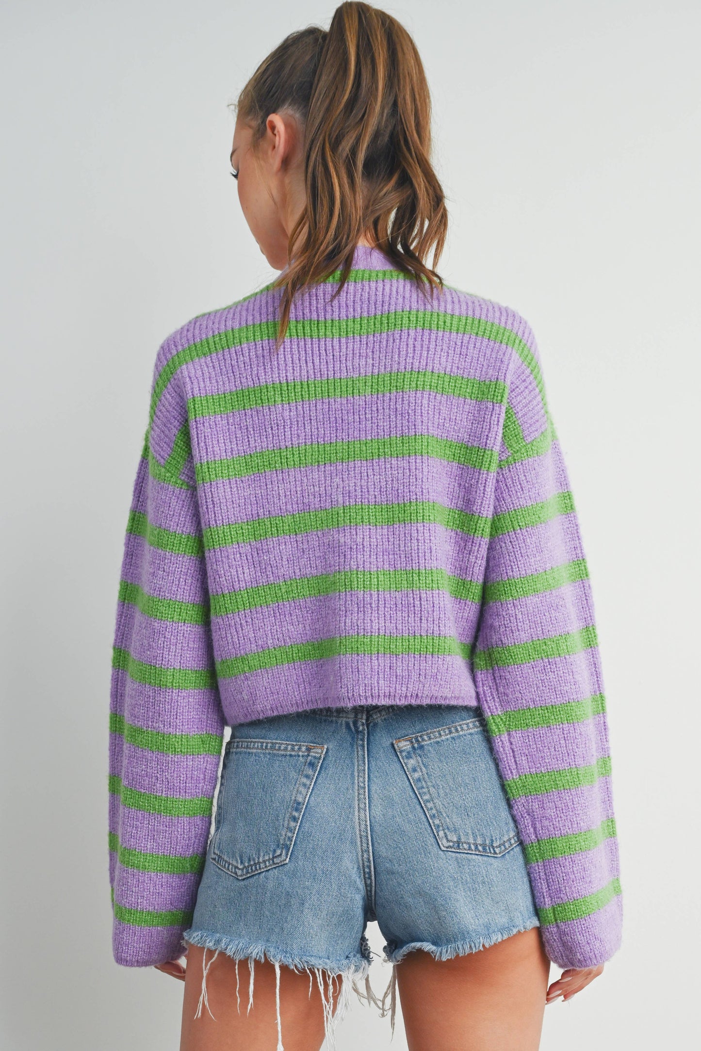 Buttermelon: Blue/mocha STRIPE COLOR BLOCK CROP FALL CARDIGAN