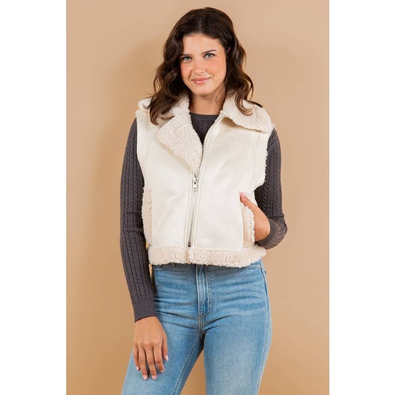 FALL OVER UP COLLARED FAUX FUR SUEDE SHERPA VEST CAMEL