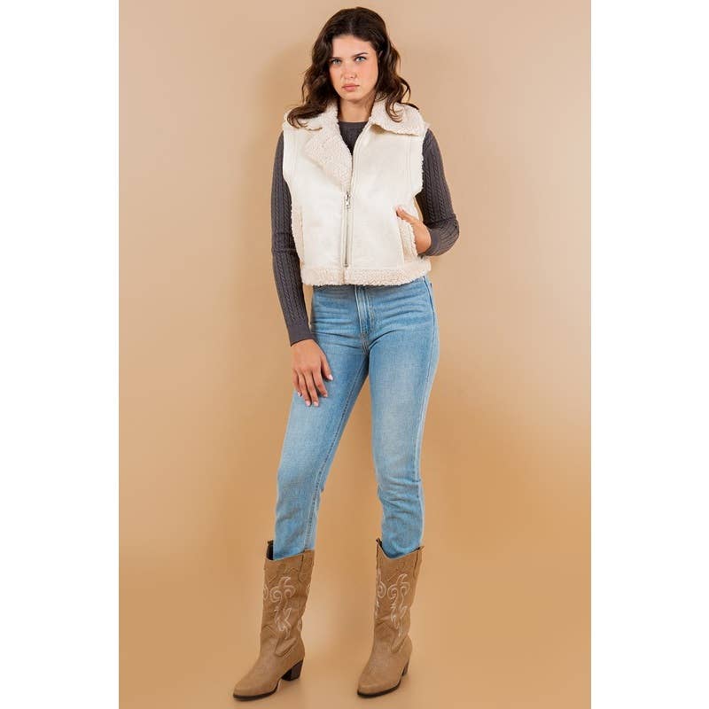 FALL OVER UP COLLARED FAUX FUR SUEDE SHERPA VEST CAMEL