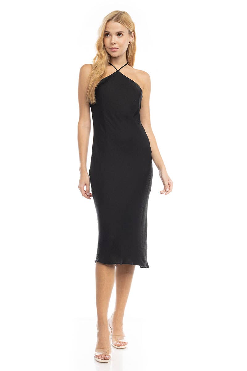 Naked Zebra Satin Halter Neck Midi Dress MIDNIGHT