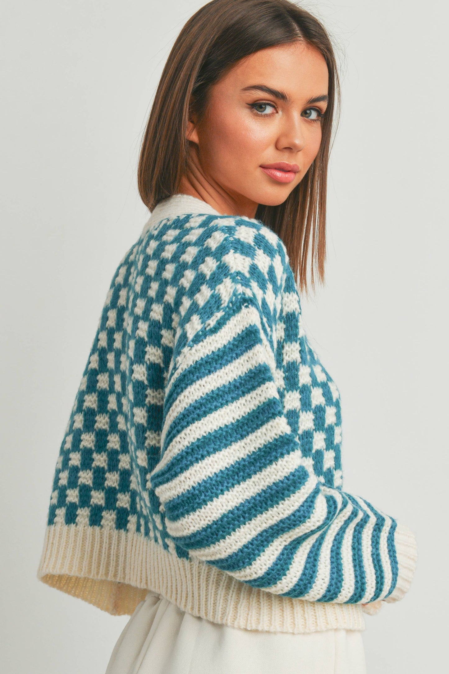 Buttermelon: OVERSIZED BUTTON DOWN Mauve/blue CHECKERED STRIPE CARDIGAN