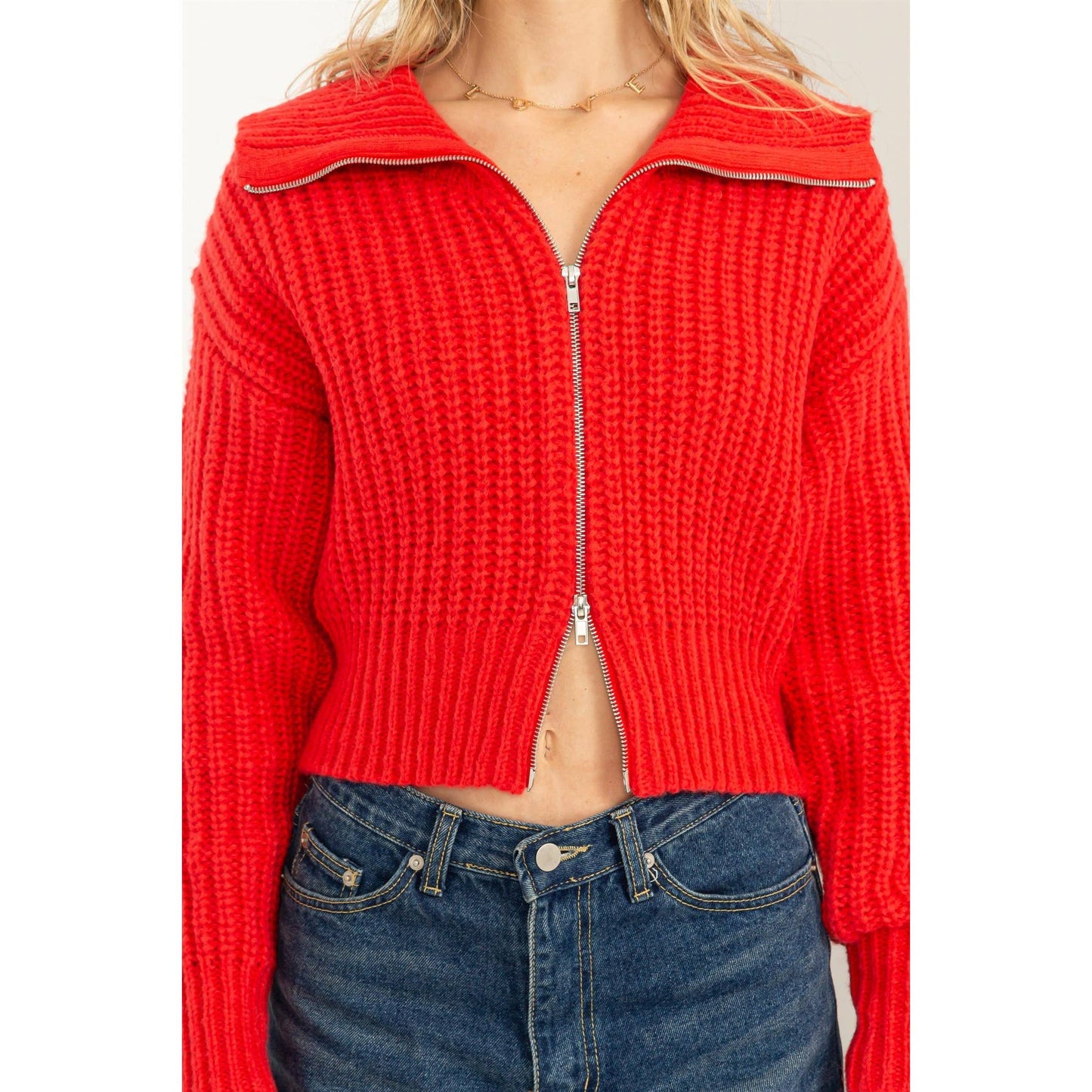 SUGAR CRUSH COLLARED DOUBLE ZIP CARDIGAN: GRAY GREEN