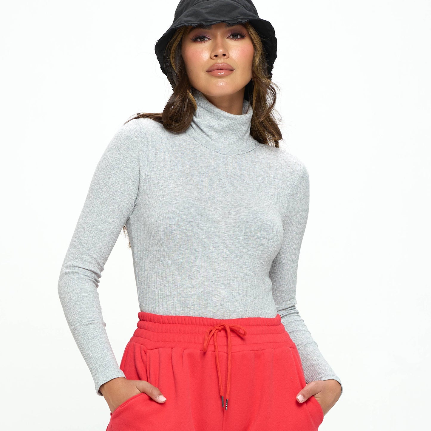 Freezia Grey -MULTI-RIBBED TURTLENECK MOCK NECK BODYSUIT