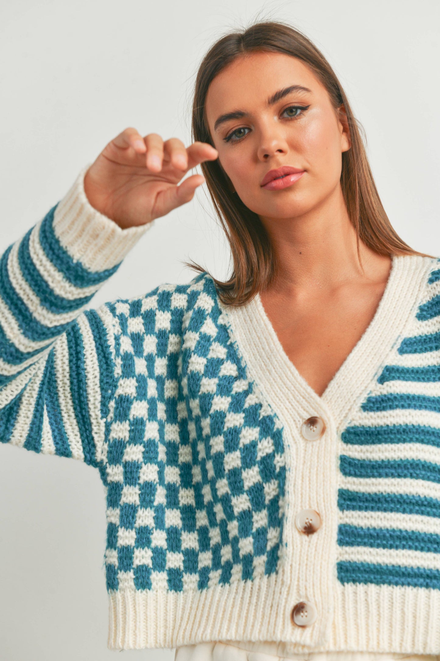 Buttermelon: OVERSIZED BUTTON DOWN Mauve/blue CHECKERED STRIPE CARDIGAN
