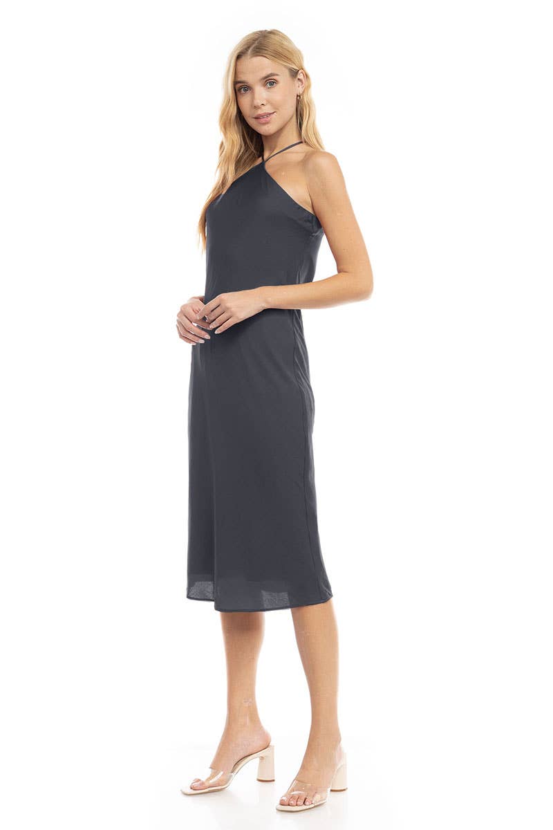 Naked Zebra Satin Halter Neck Midi Dress MIDNIGHT