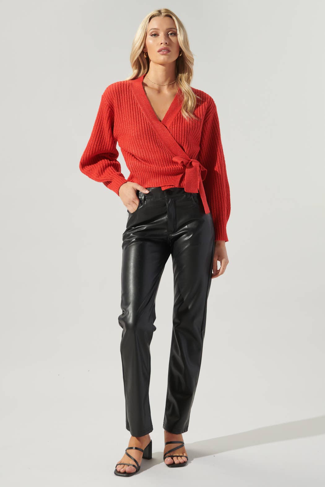 Carsyn Cropped Wrap Sweater Top: Red