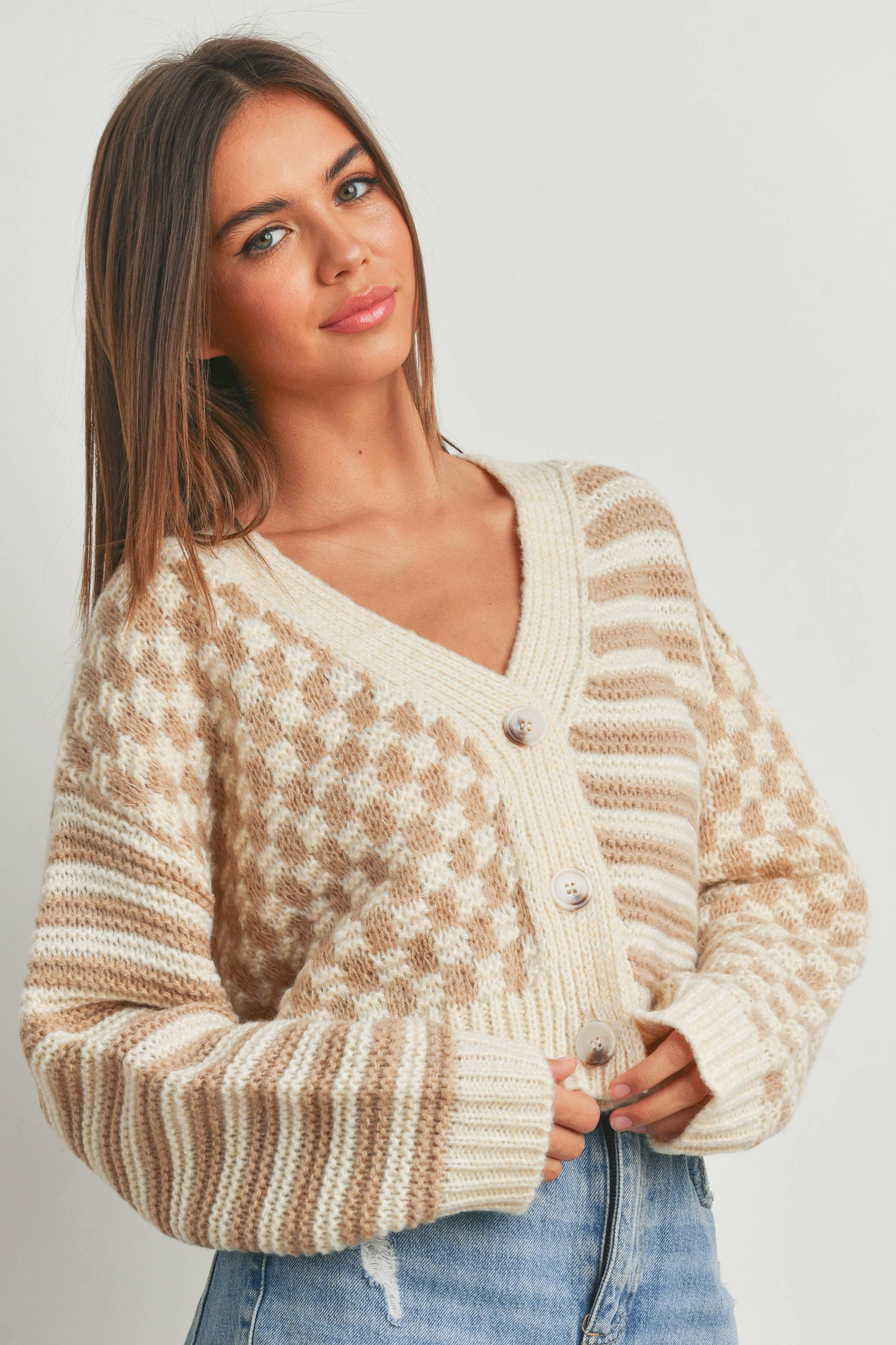 Buttermelon: OVERSIZED BUTTON DOWN Mauve/blue CHECKERED STRIPE CARDIGAN