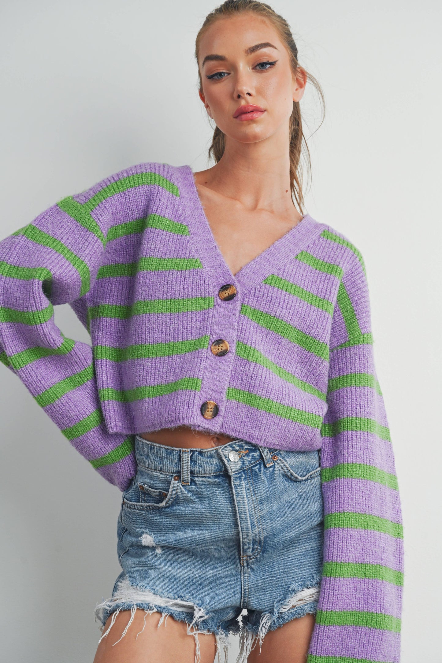 Buttermelon: Blue/mocha STRIPE COLOR BLOCK CROP FALL CARDIGAN
