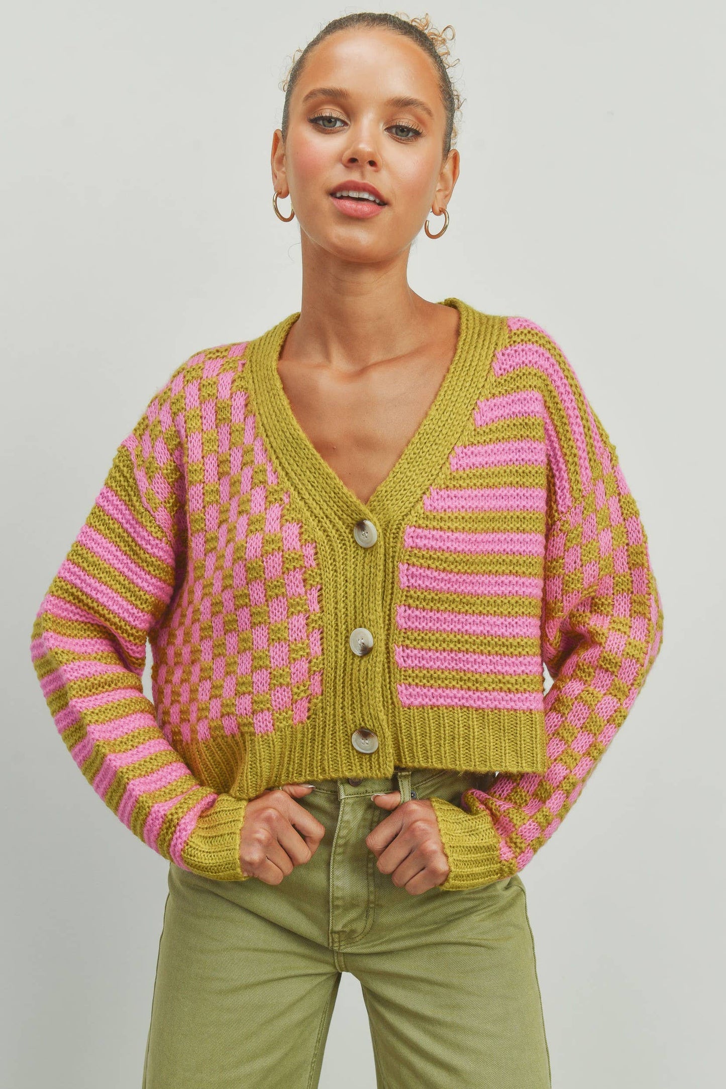 Buttermelon: OVERSIZED BUTTON DOWN Mauve/blue CHECKERED STRIPE CARDIGAN