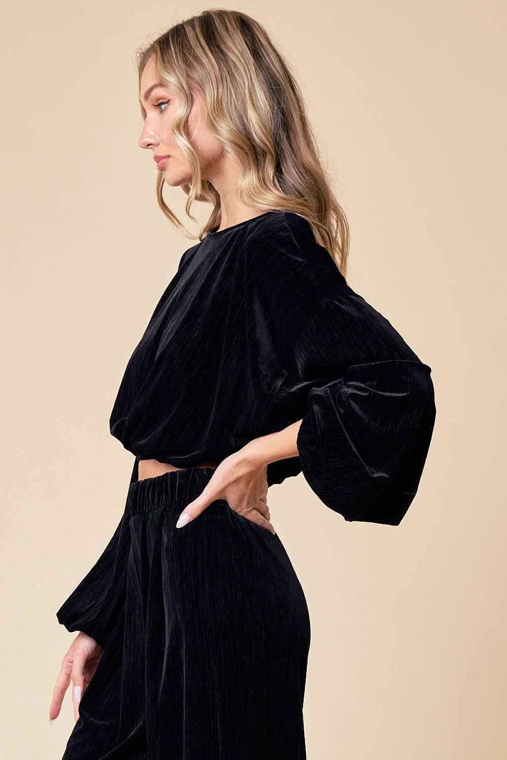 Saints & Hearts: BLACK HOLIDAY LONG SLEEVE VELVET CROP TOP