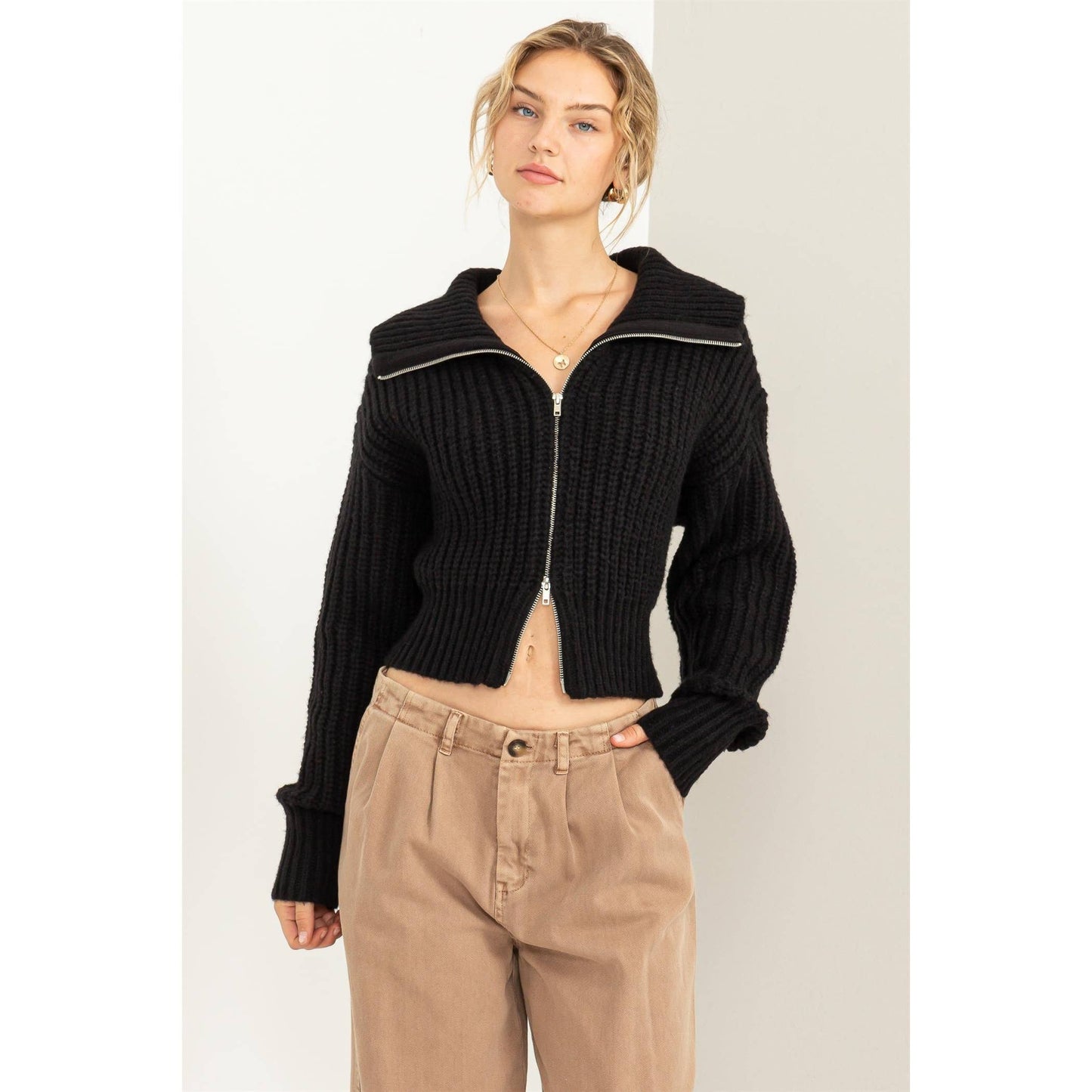SUGAR CRUSH COLLARED DOUBLE ZIP CARDIGAN: GRAY GREEN