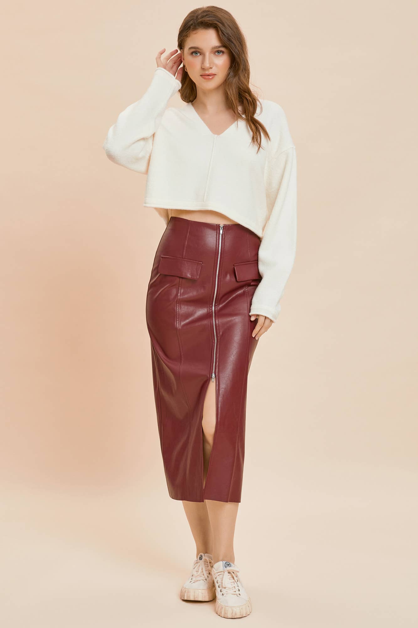 TWO WAY ZIPPER LEATHER SKIRT: DK.BEIGE