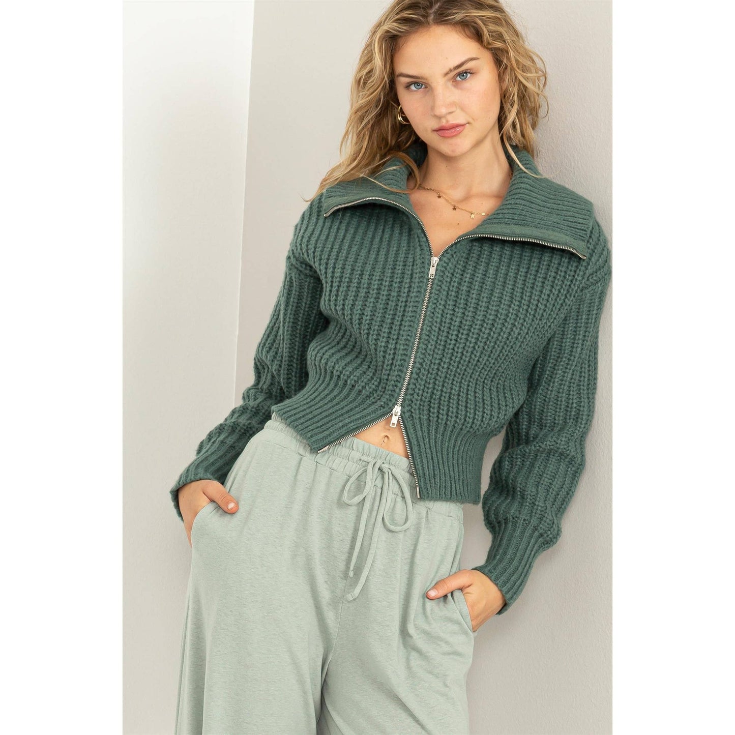 SUGAR CRUSH COLLARED DOUBLE ZIP CARDIGAN: CREAM