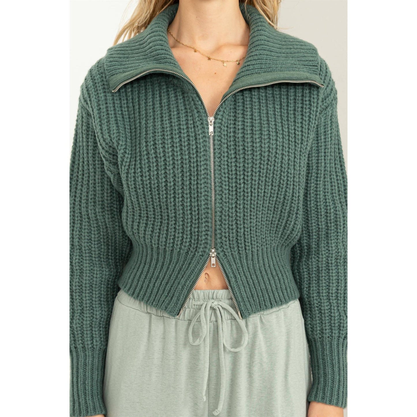 SUGAR CRUSH COLLARED DOUBLE ZIP CARDIGAN: GRAY GREEN