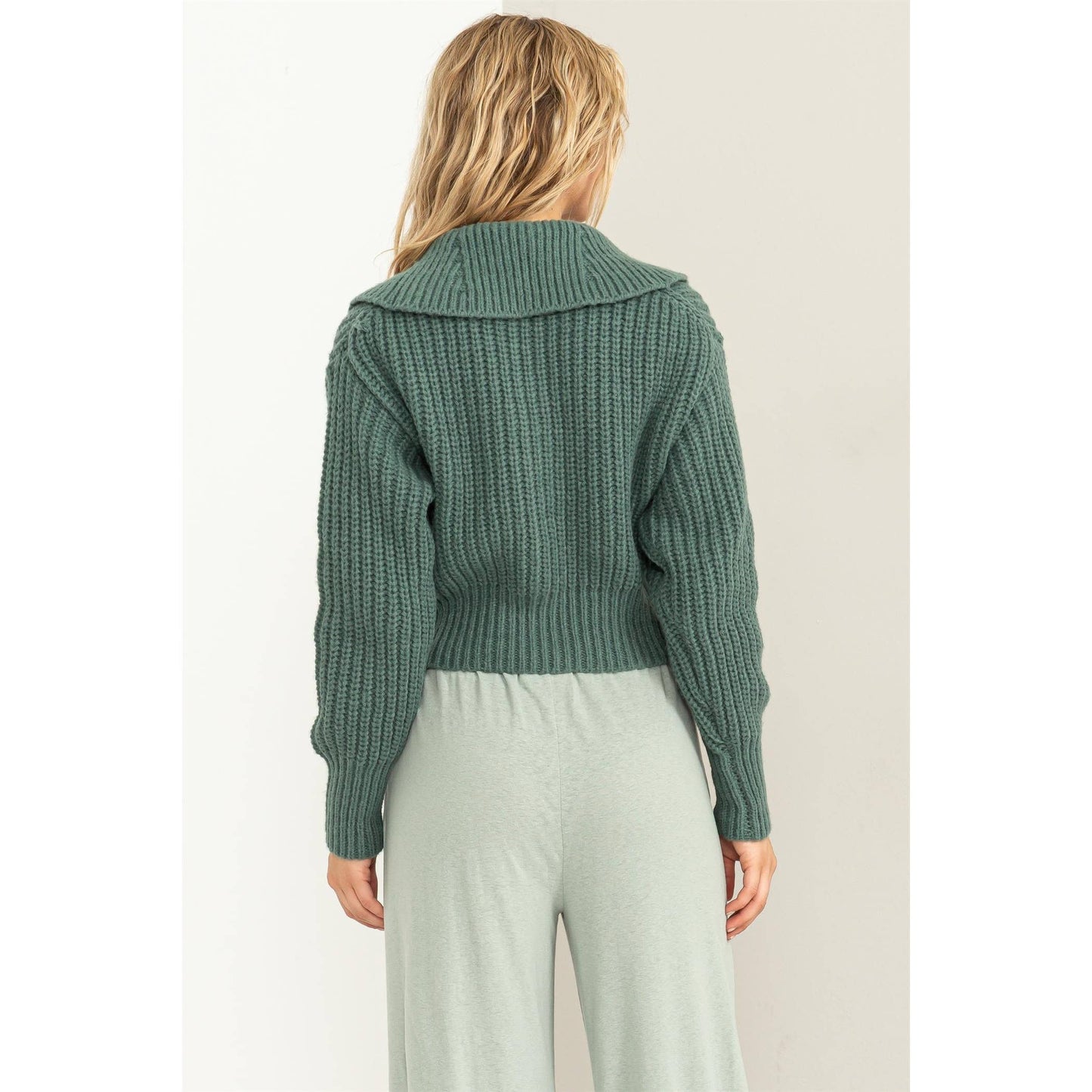 SUGAR CRUSH COLLARED DOUBLE ZIP CARDIGAN: GRAY GREEN