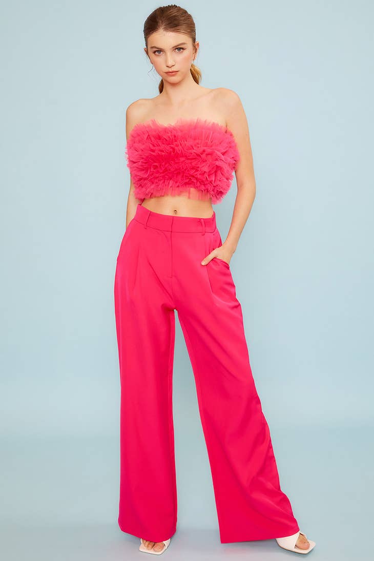 Main Strip - Fuchsia Zipper Hook Pleat Side Pockets Solid Wide Pants