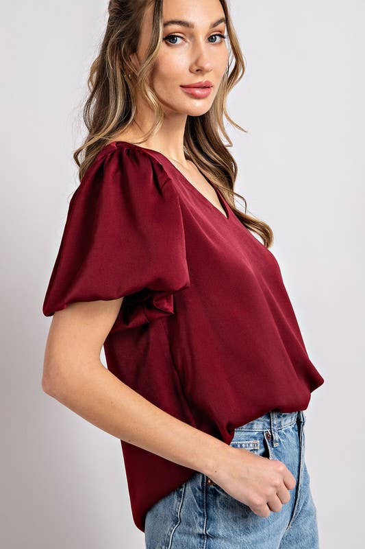 Faith Apparel - WINE V NECK SHORT PUFF SLEEVE SATIN BLOUSE