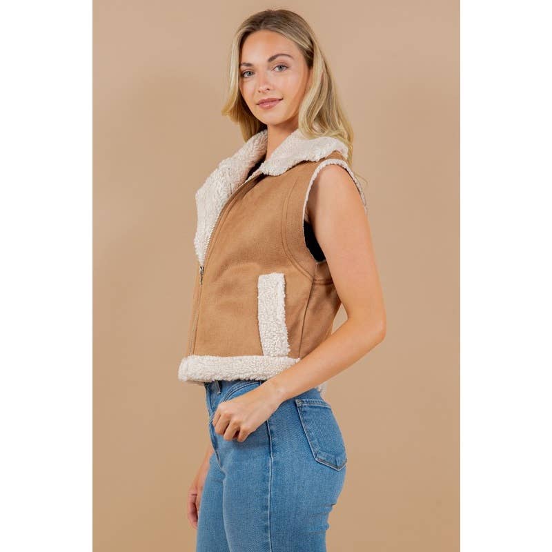 FALL OVER UP COLLARED FAUX FUR SUEDE SHERPA VEST CAMEL