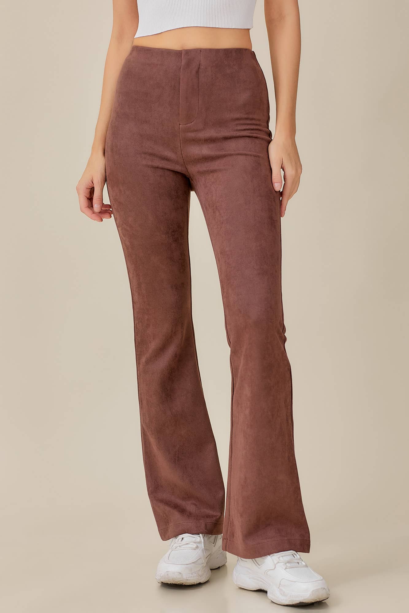 ELASTIC HIGH WAIST SUEDE PANTS: CHOCO BROWN