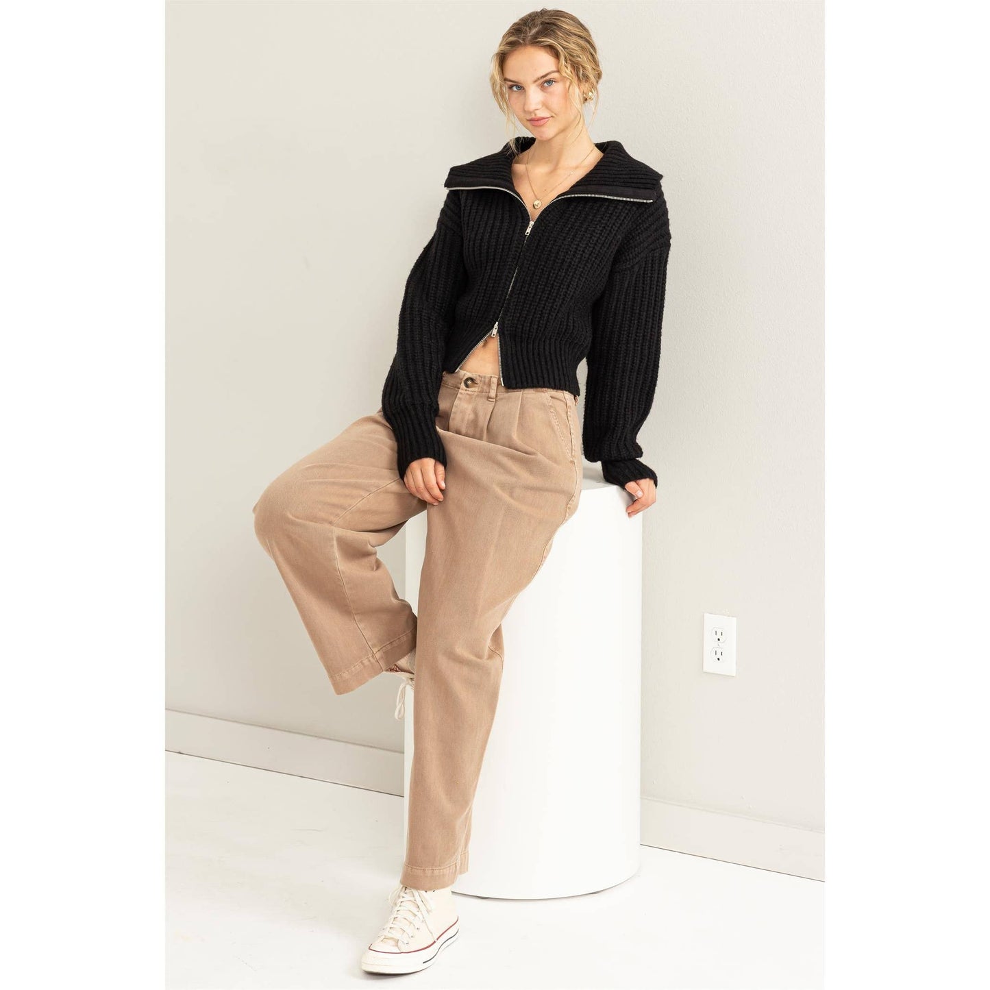 SUGAR CRUSH COLLARED DOUBLE ZIP CARDIGAN: GRAY GREEN
