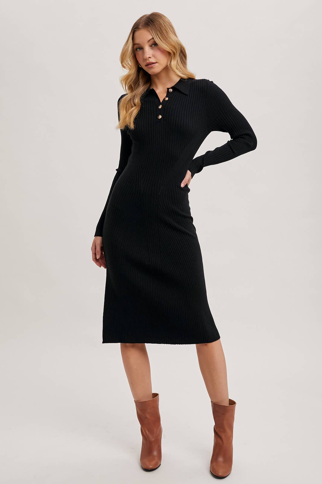 Bluivy - RIBBED KNIT HALF BUTTON SHIRT MIDI DRESS