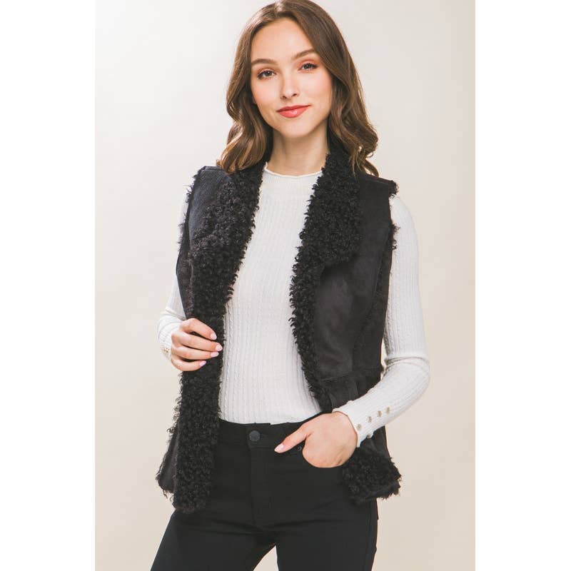 Lemon Tree: Shearling Suede Vest with Faux Fur Lining: KHAKI