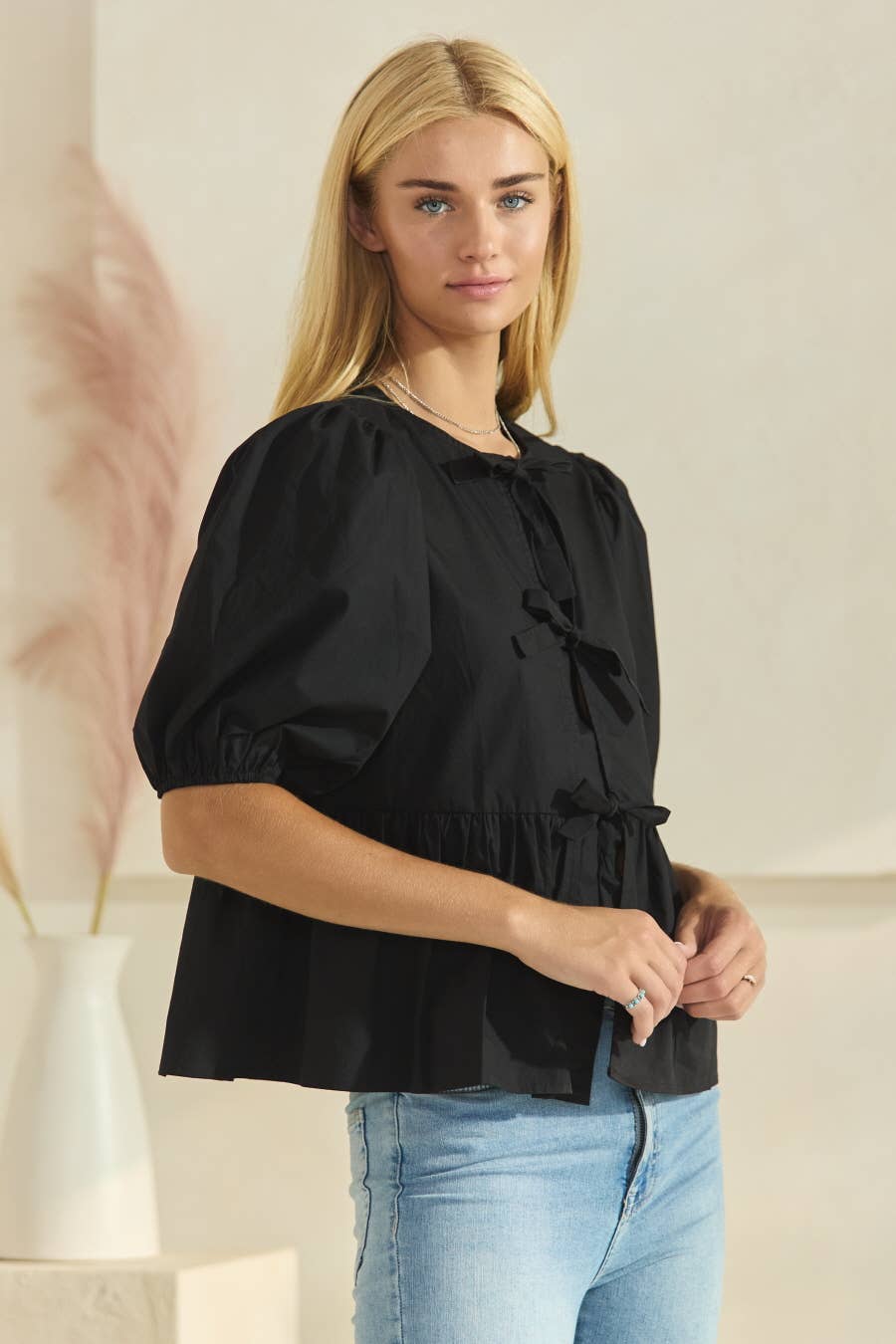 Oddi - Plus Solid Cotton Poplin Front Tie Ribbon Blouse