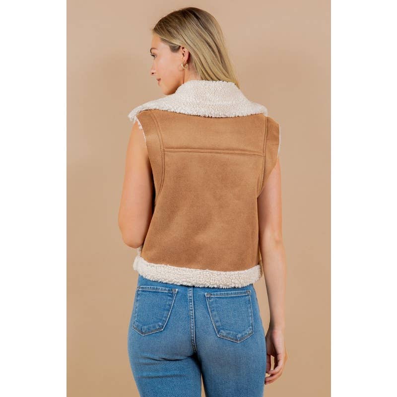 FALL OVER UP COLLARED FAUX FUR SUEDE SHERPA VEST CAMEL