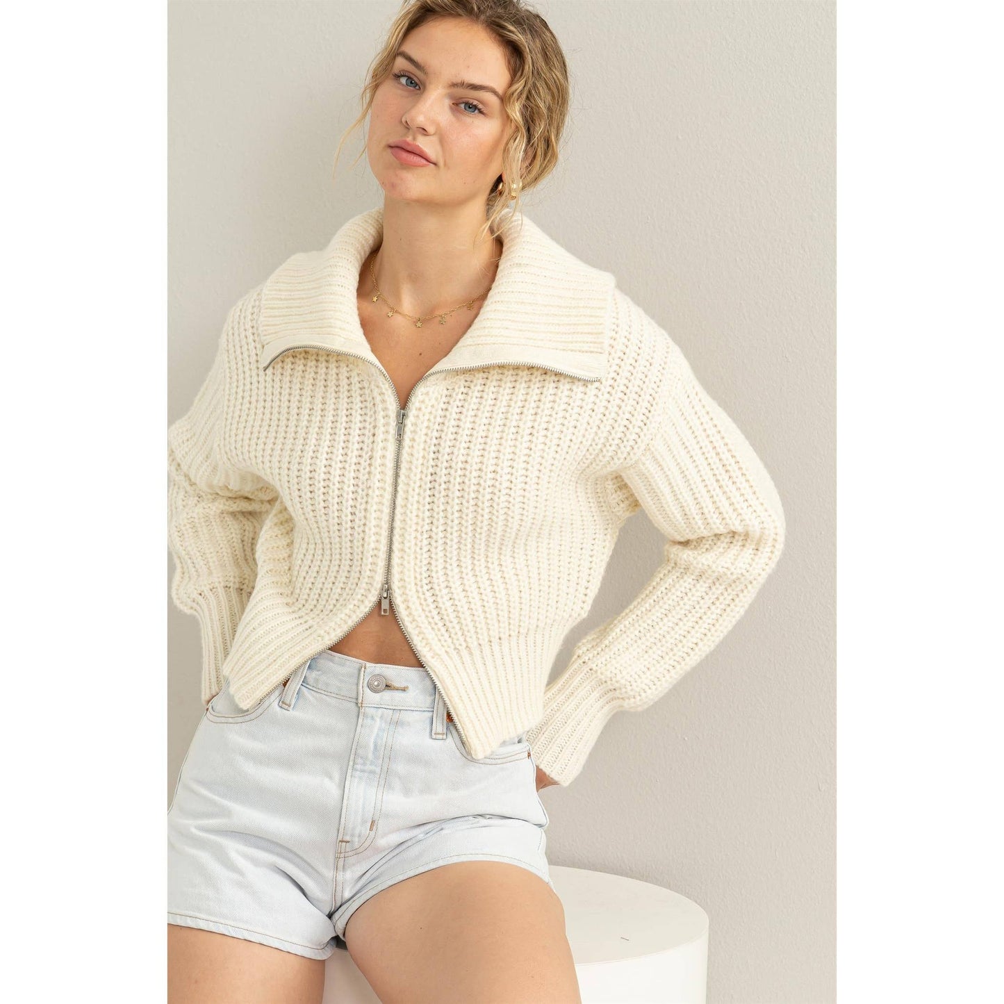SUGAR CRUSH COLLARED DOUBLE ZIP CARDIGAN: GRAY GREEN