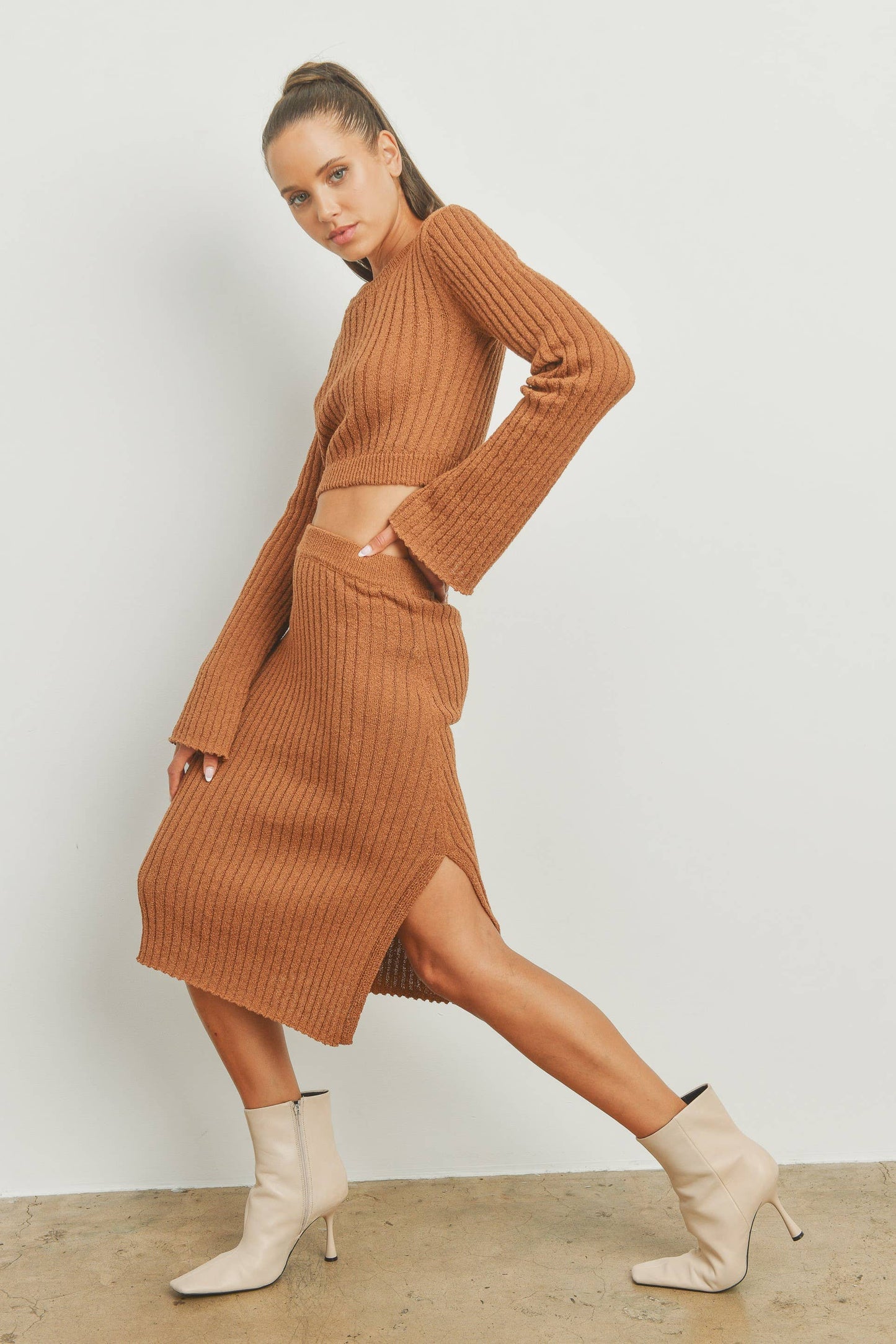 Butter Melon: BELL SLEEVE BROWN SOLID RIB SWEATER TOP AND SKIRT SET