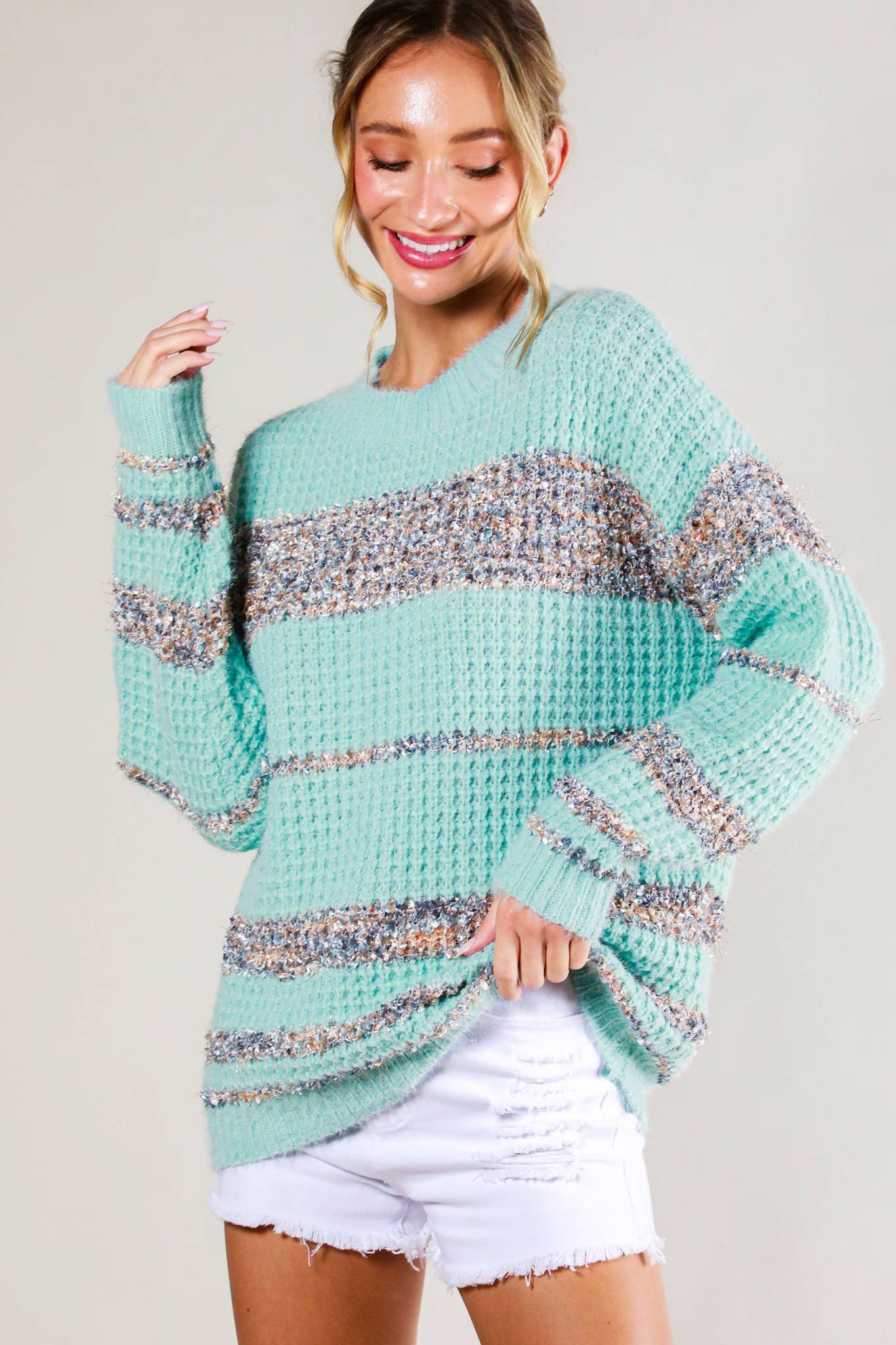 Vine&Love: Tweed Ivory color block sweater top Ivory Combo