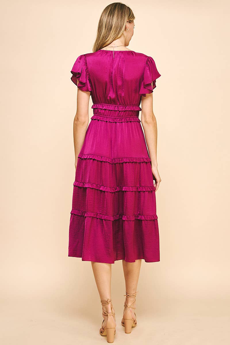 PINCH - V-NECK TIERED MIDI DRESS - BERRY