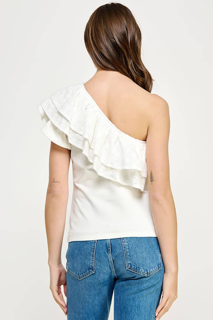 Strut & Bolt - One Shoulder Eyelet Lace Ruffle Top Off White