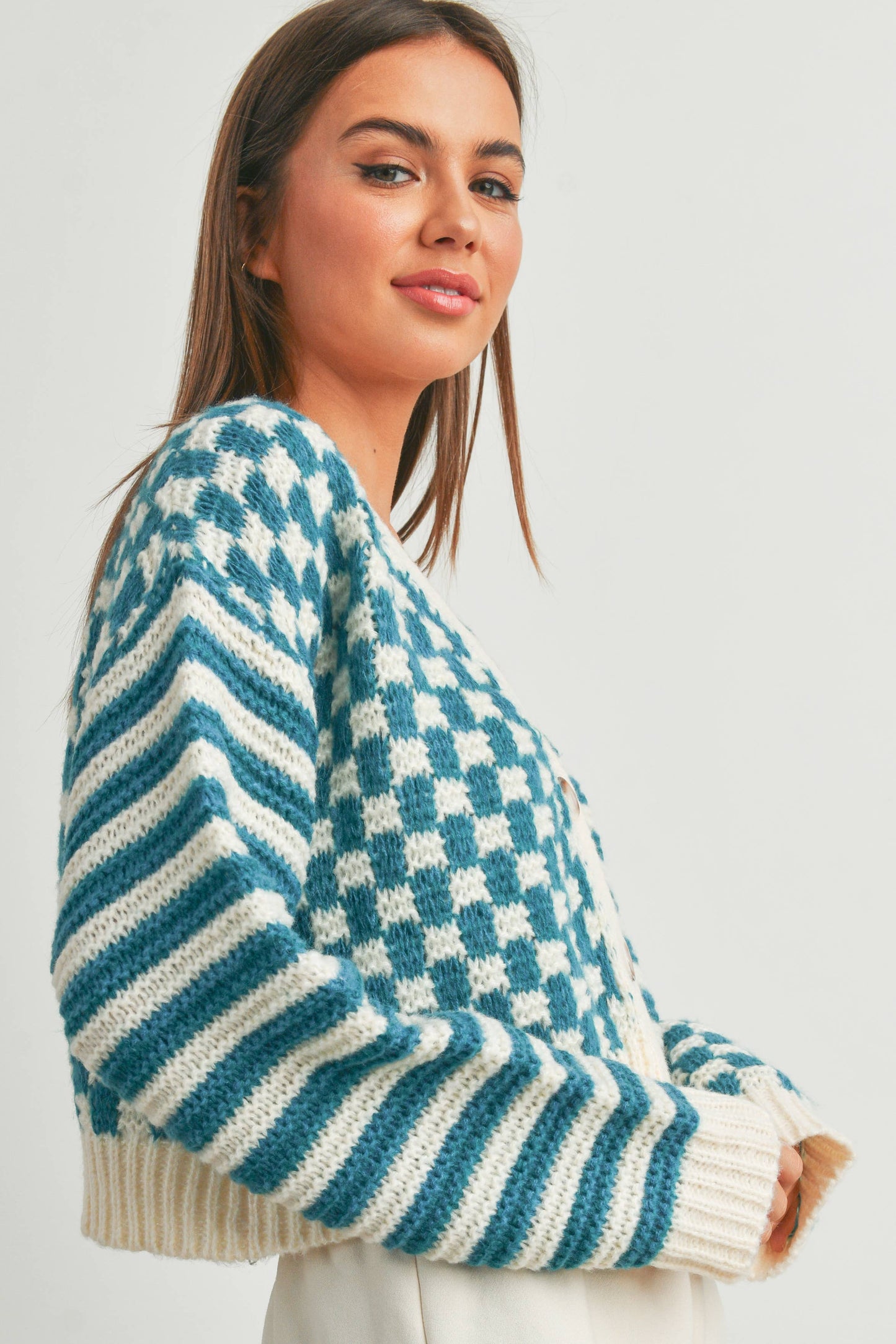 Buttermelon: OVERSIZED BUTTON DOWN Mauve/blue CHECKERED STRIPE CARDIGAN