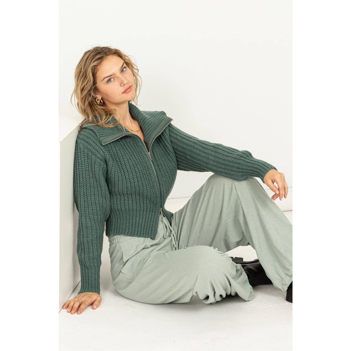 SUGAR CRUSH COLLARED DOUBLE ZIP CARDIGAN: CREAM