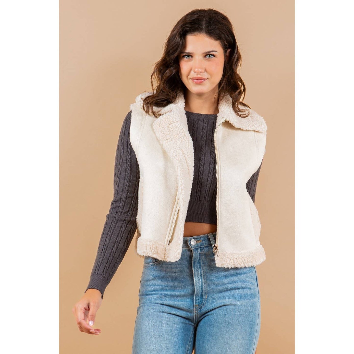 FALL OVER UP COLLARED FAUX FUR SUEDE SHERPA VEST CAMEL