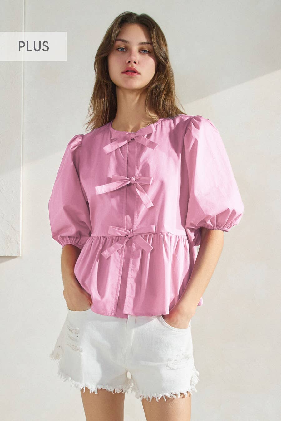Oddi - Plus Solid Cotton Poplin Front Tie Ribbon Blouse