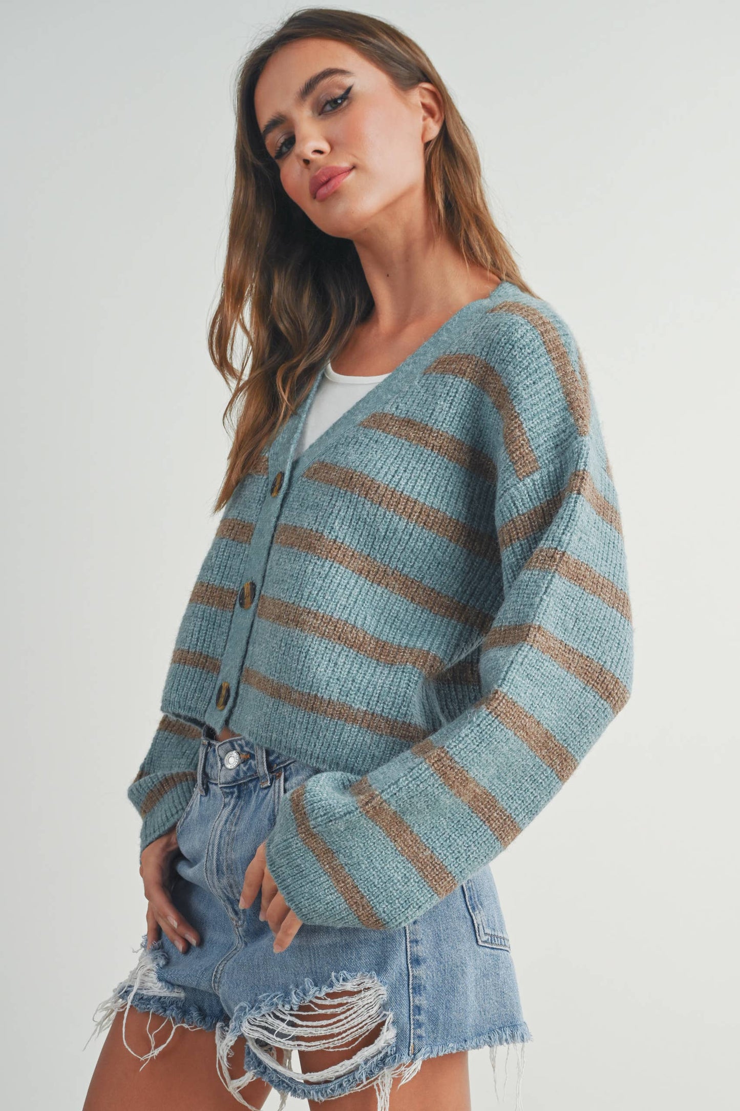 Buttermelon: Blue/mocha STRIPE COLOR BLOCK CROP FALL CARDIGAN
