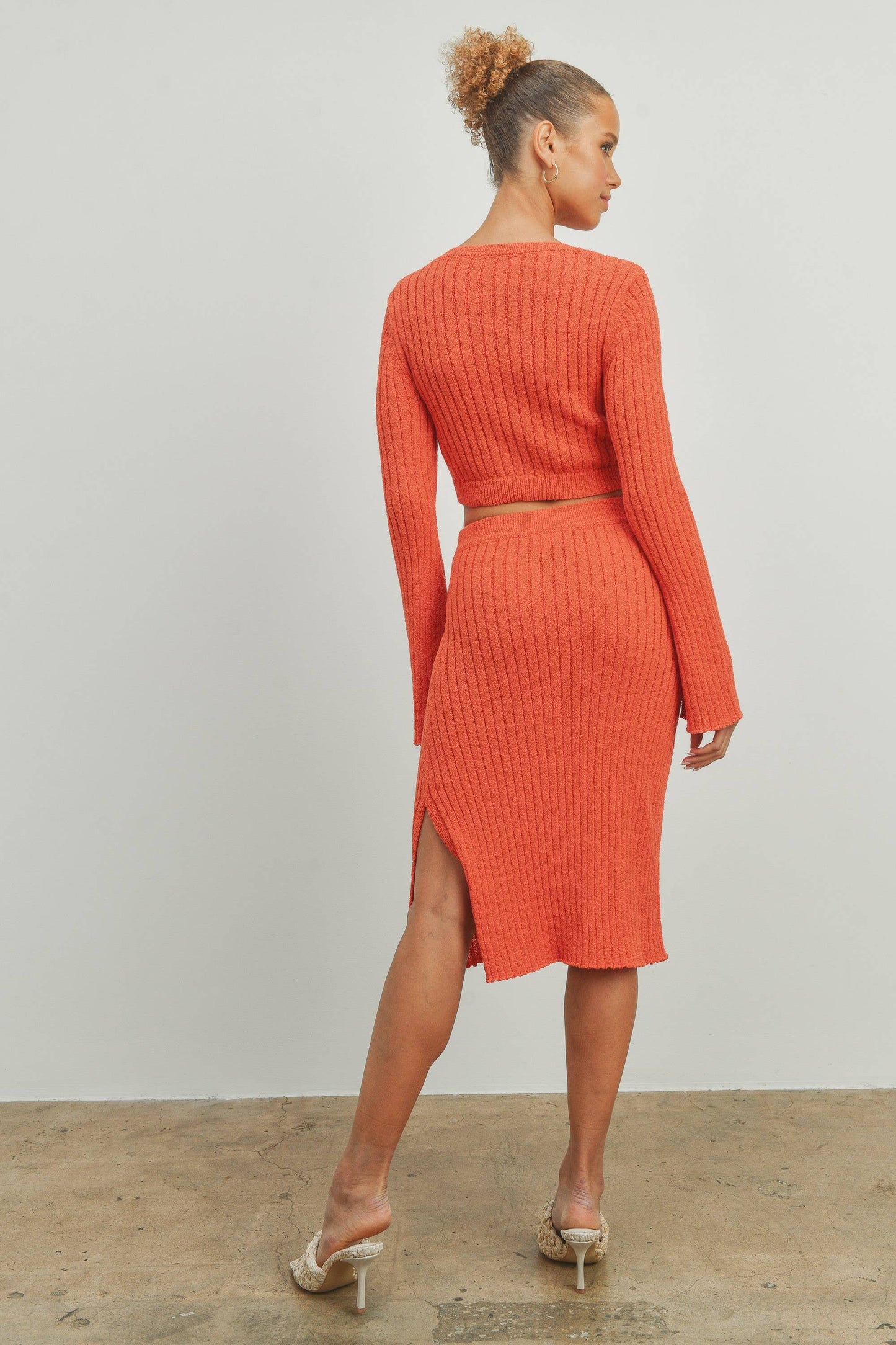 Butter Melon: BELL SLEEVE BROWN SOLID RIB SWEATER TOP AND SKIRT SET