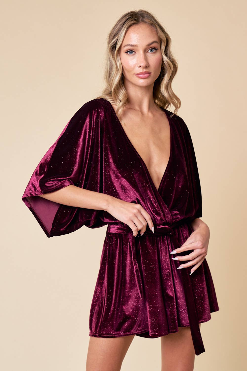 Saints & Hearts: BURGUNDY HOLIDAY GLITTER TOUCH SURPLUS ROMPER