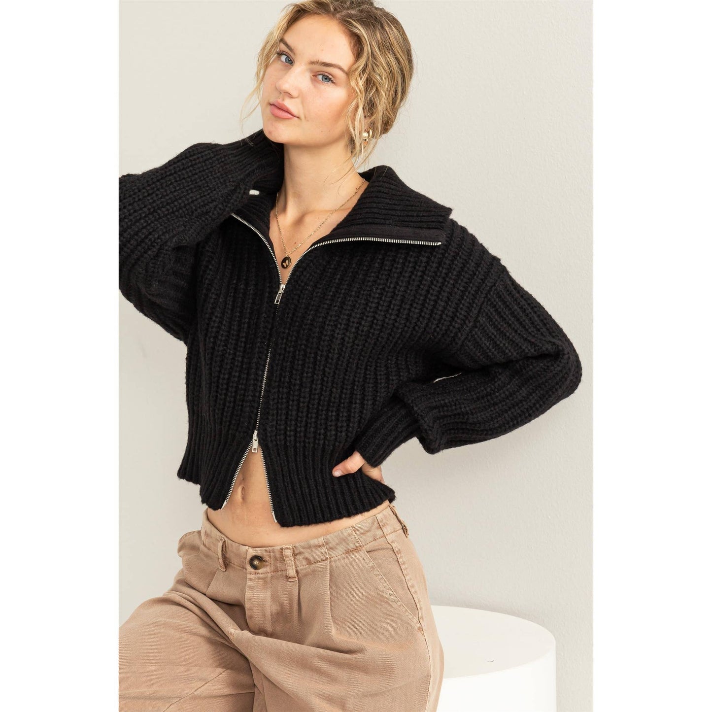 SUGAR CRUSH COLLARED DOUBLE ZIP CARDIGAN: GRAY GREEN