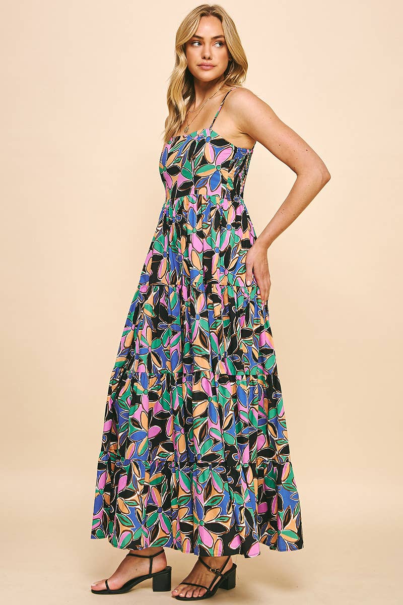 PINCH - SLEEVELESS TIERED MAXI DRESS - BLACK MULTI