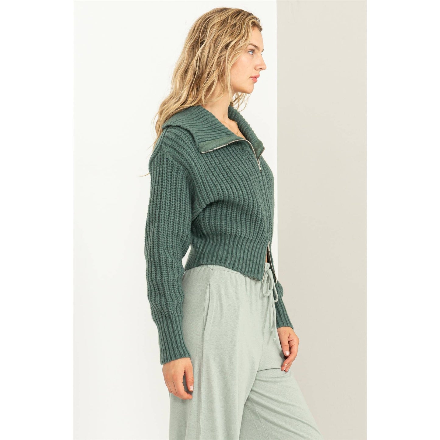 SUGAR CRUSH COLLARED DOUBLE ZIP CARDIGAN: GRAY GREEN