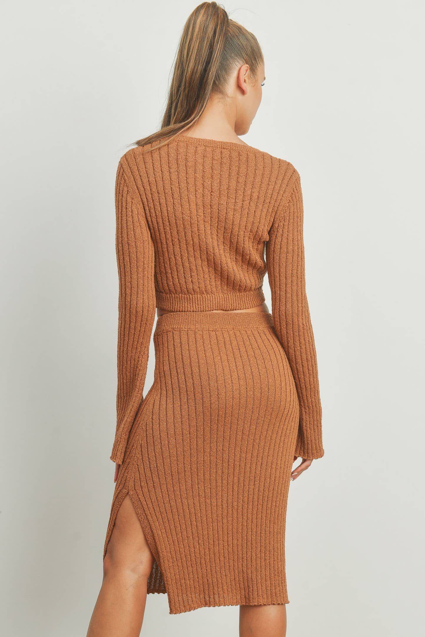 Butter Melon: BELL SLEEVE BROWN SOLID RIB SWEATER TOP AND SKIRT SET