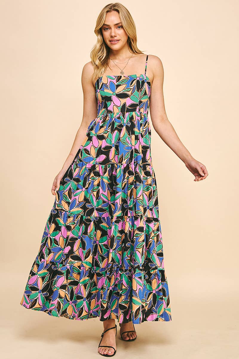 PINCH - SLEEVELESS TIERED MAXI DRESS - BLACK MULTI
