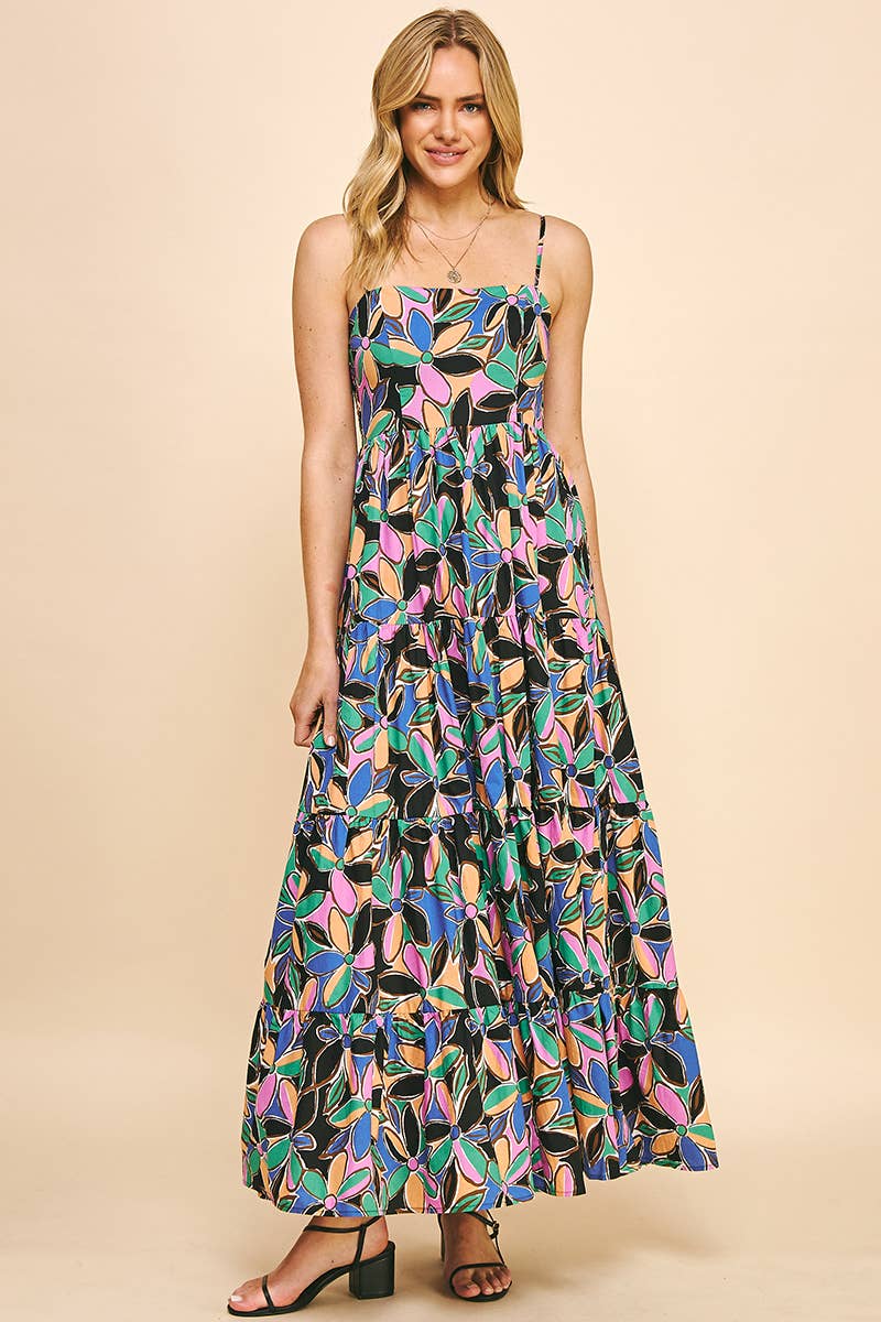 PINCH - SLEEVELESS TIERED MAXI DRESS - BLACK MULTI