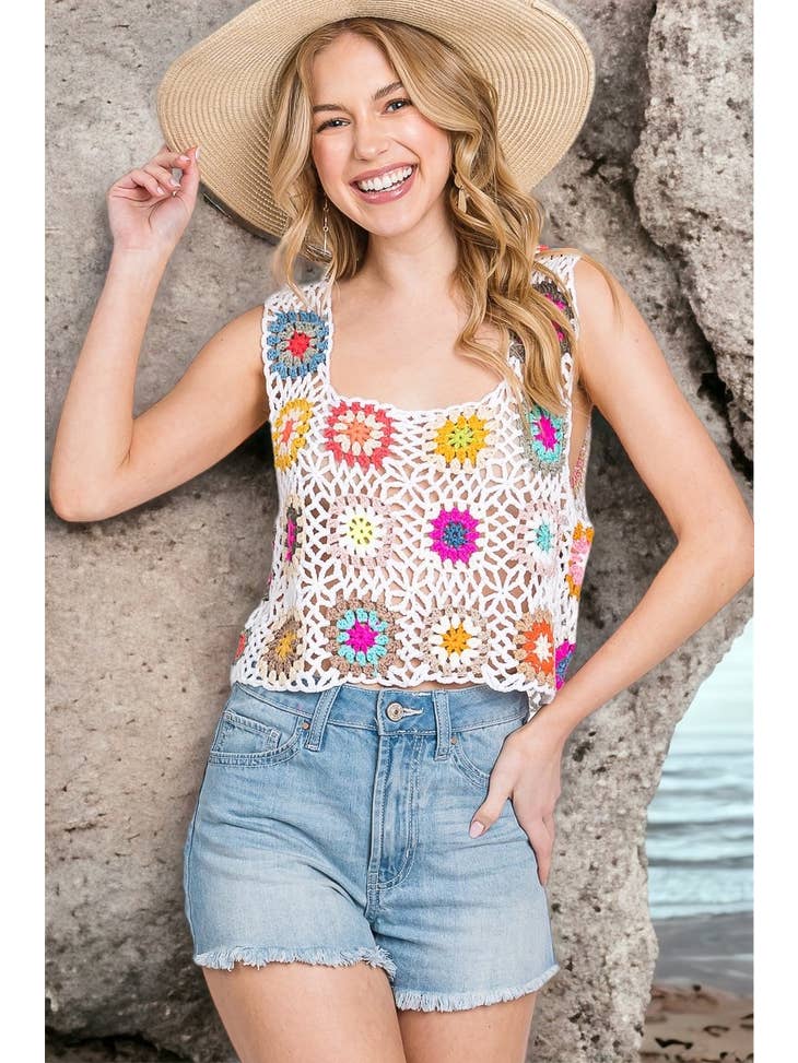Purple Lava - White Multi Color Crochet Cover Top