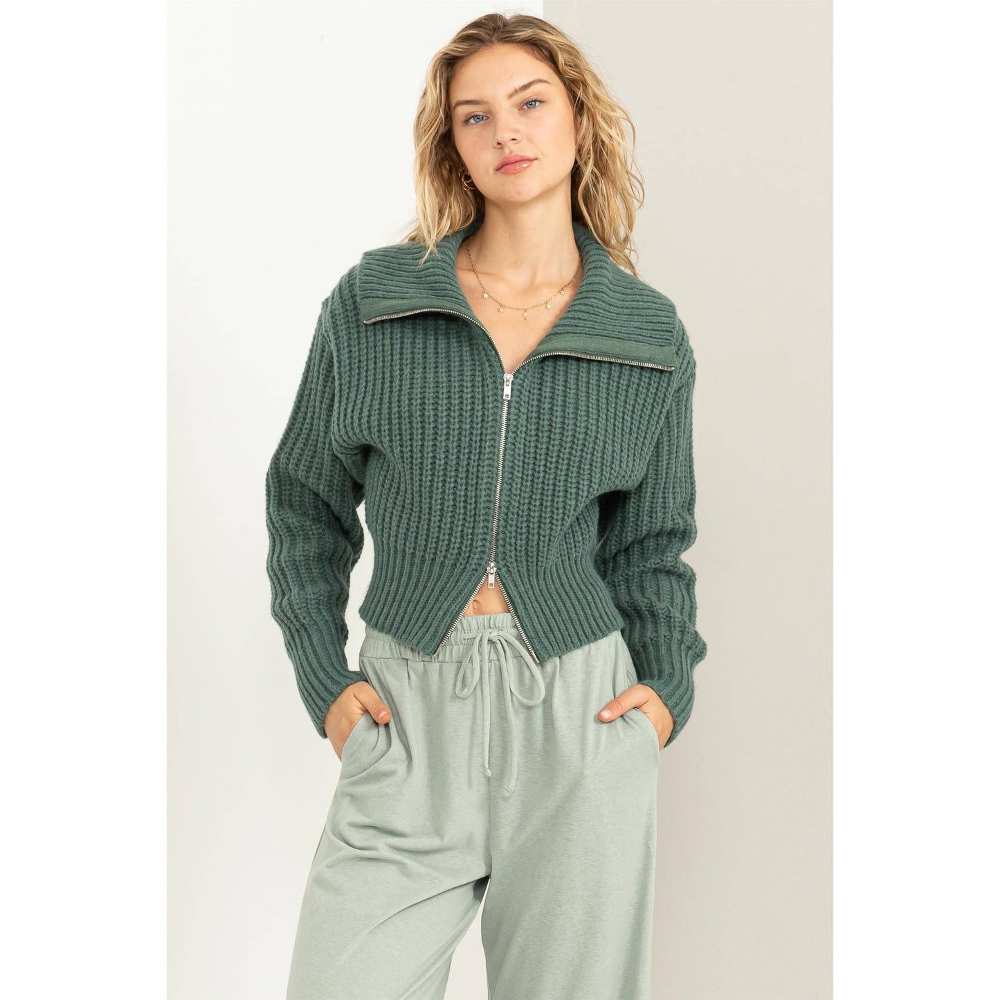SUGAR CRUSH COLLARED DOUBLE ZIP CARDIGAN: GRAY GREEN