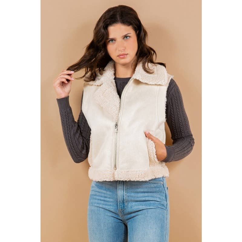 FALL OVER UP COLLARED FAUX FUR SUEDE SHERPA VEST CAMEL